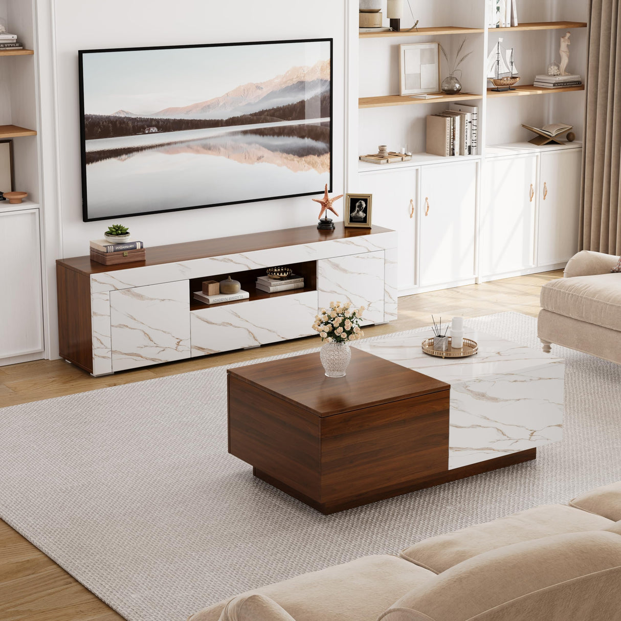 Lift Top Coffee Tables for Living Room, 43" LED Wooden Center Tables with Storage Shelf, Hidden Compartment and Drawer for Home (Walnut Grain and Marble White) Svimi