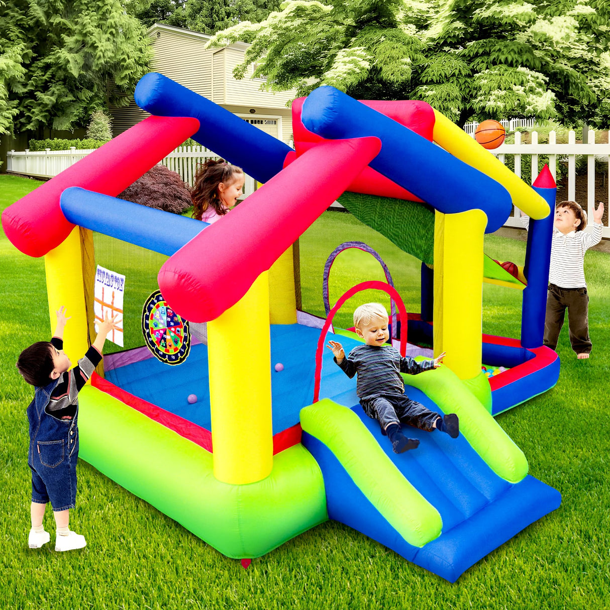 WELLFUNTIME Inflatable Bounce House with Slide, Jumping Castle with Blower and Ball Pool, Basketball Game, Dart Target Game WELLFUNTIME