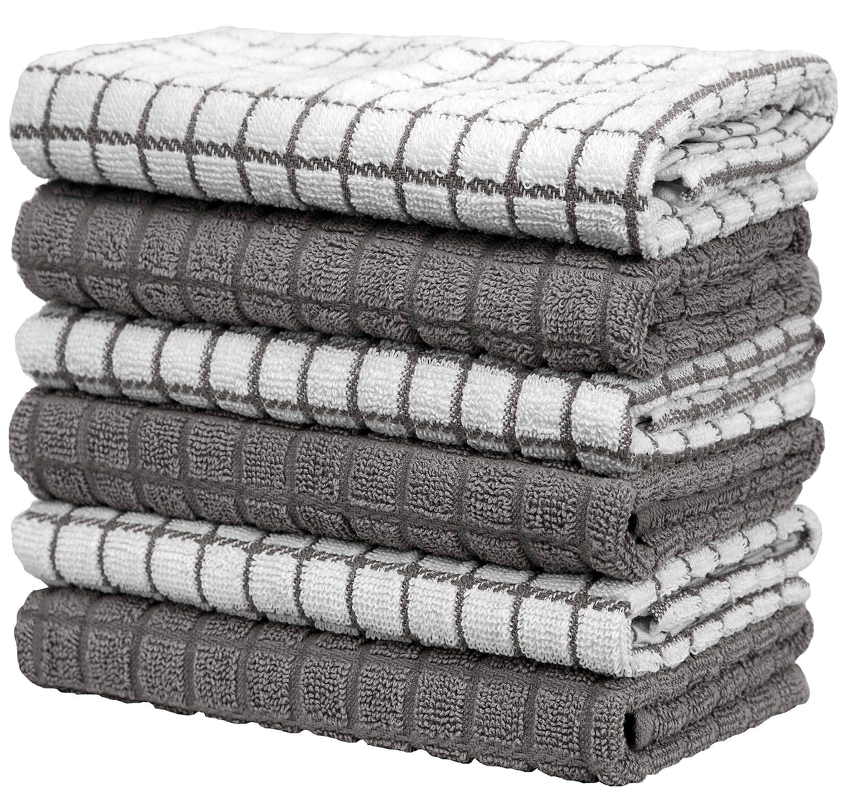 Kitchen Towels 16"x 28" | Dish Towels | Kitchen Hand Towels | Large Dishcloths Set | Highly Absorbent Tea Towel, Soft with Hanging Loop | Natural Ring Spun Cotton, 380 GSM | Gray Check Design - 6 Pack Bumble Towels