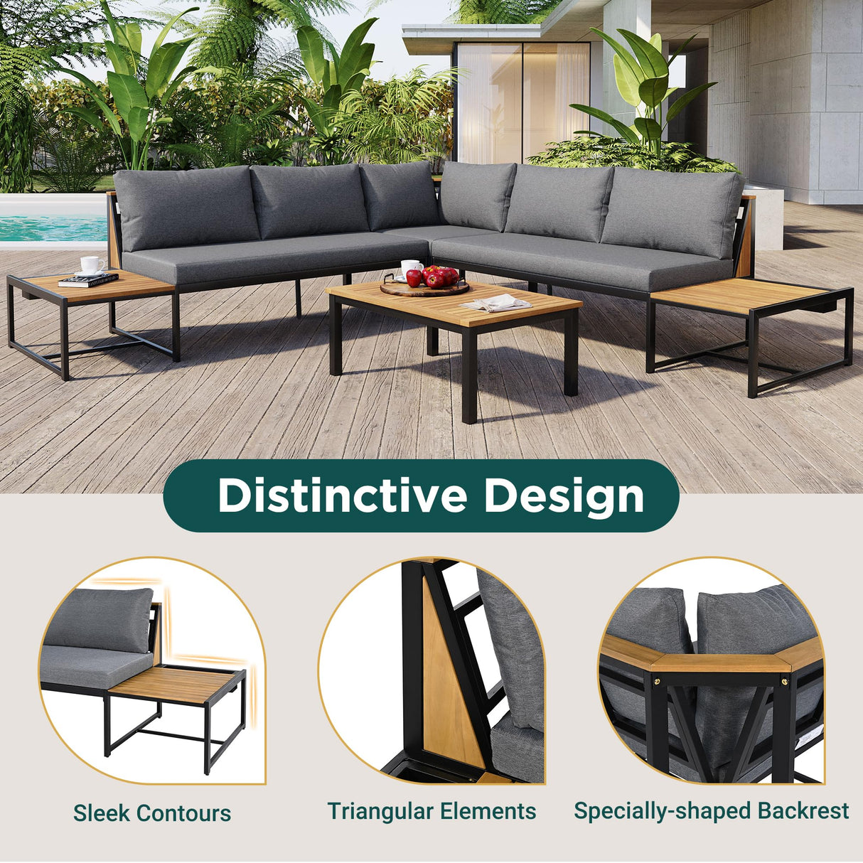 Merax Patio Furniture Set with Coffee Table & Loveseats, 4 Pieces Iron-Wood Design Outdoor Sectional Sofa, L-Shaped Conversation Set with Waterproof Cushions for Garden, Backyard, Poolside, Gray Merax
