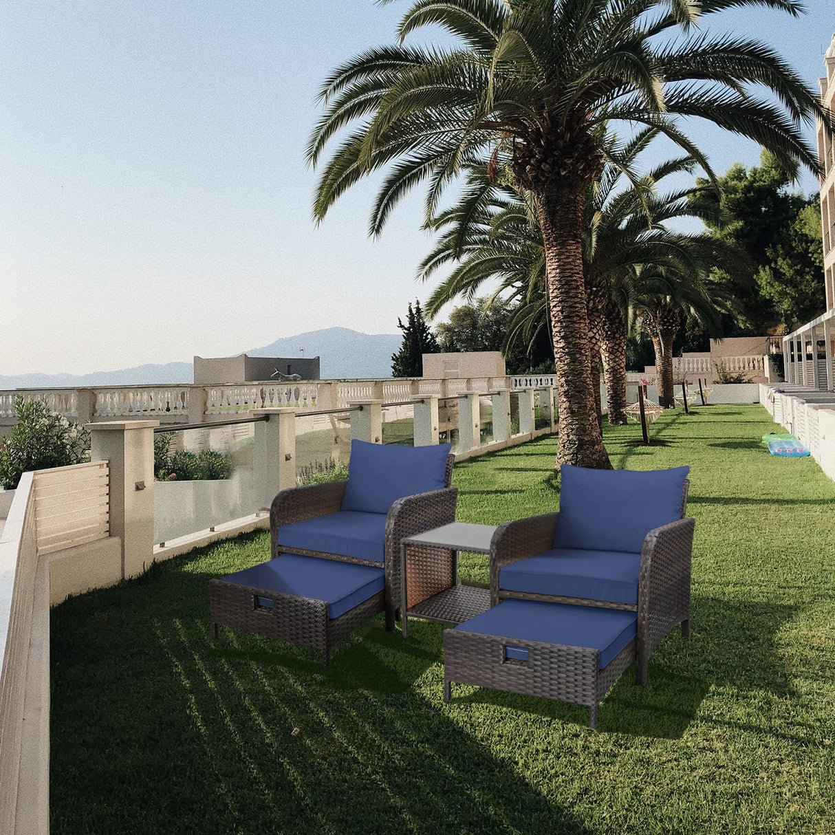 LEVELEVE Balcony Furniture 5 Piece Patio Conversation Set, PE Wicker Rattan Outdoor Lounge Chairs with Soft Cushions 2 Ottoman&Glass Table for Porch, Lawn-Brown Wicker LEVELEVE