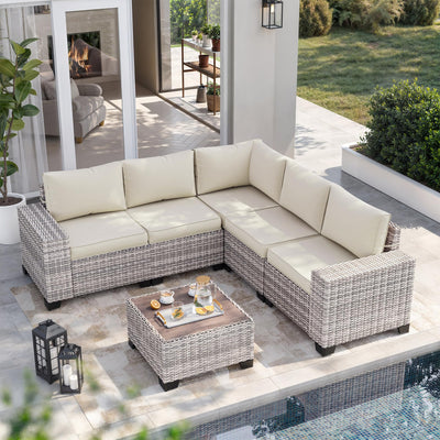 Muphyers 6-Piece Outdoor Patio Furniture Set Wicker Sectional Sofa Set, Patio Conversation Set with Thickened Cushions & Coffee Table for Garden, Backyard, Poolside, White
