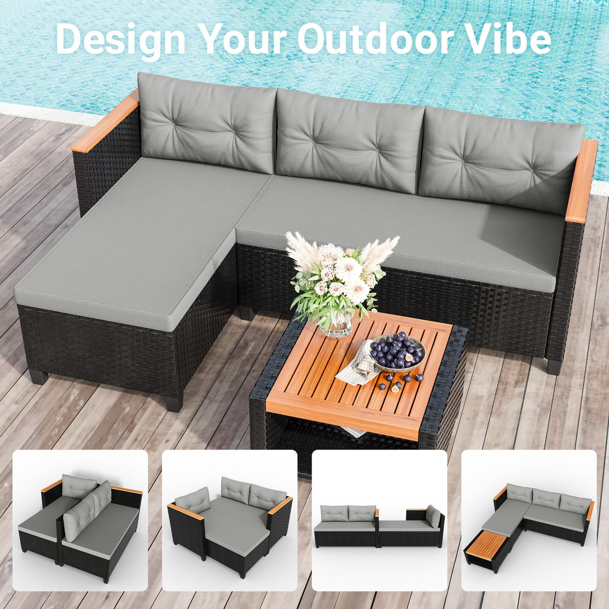Green4ever 3-Piece Outdoor Patio Furniture Set, All-Weather PE Rattan Patio Sofa with Storage Table, L Shaped Outdoor Couch with Cushions, Small Patio Sectional for Balcony Garden, Grey Green4ever