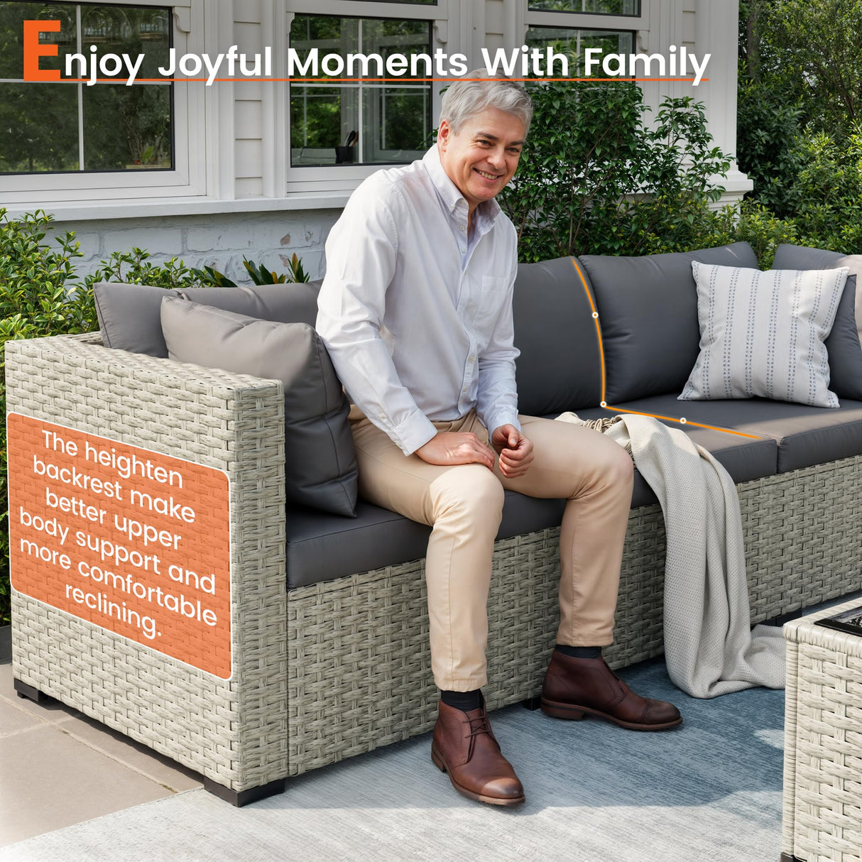 VONZOY Patio Furniture Set, 7-Piece Outdoor Sectional All-Weather Wicker Patio Conversation Set for Backyard (Grey Cushions with Grey Rattan) VONZOY