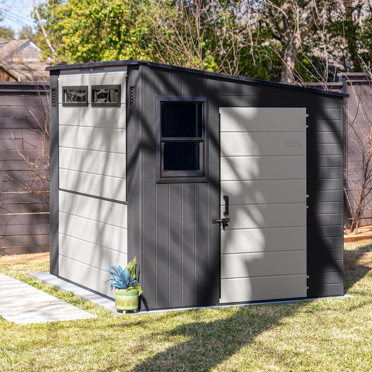 Suncast 8' x 7' Cabana Entertainment Storage Shed, All-Weather Outdoor Backyard Shelter with 2 Windows and Fold-Down Bar Top, Gray Suncast