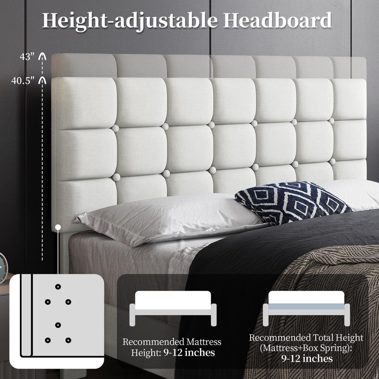 Yaheetech Upholstered Bed Frame, Modern Queen Bed Platform with Square Stitched&Button Tufting Headboard Height Adjustable, Wooden Slats Support, No Box Spring Needed, Queen Size, Beige Yaheetech