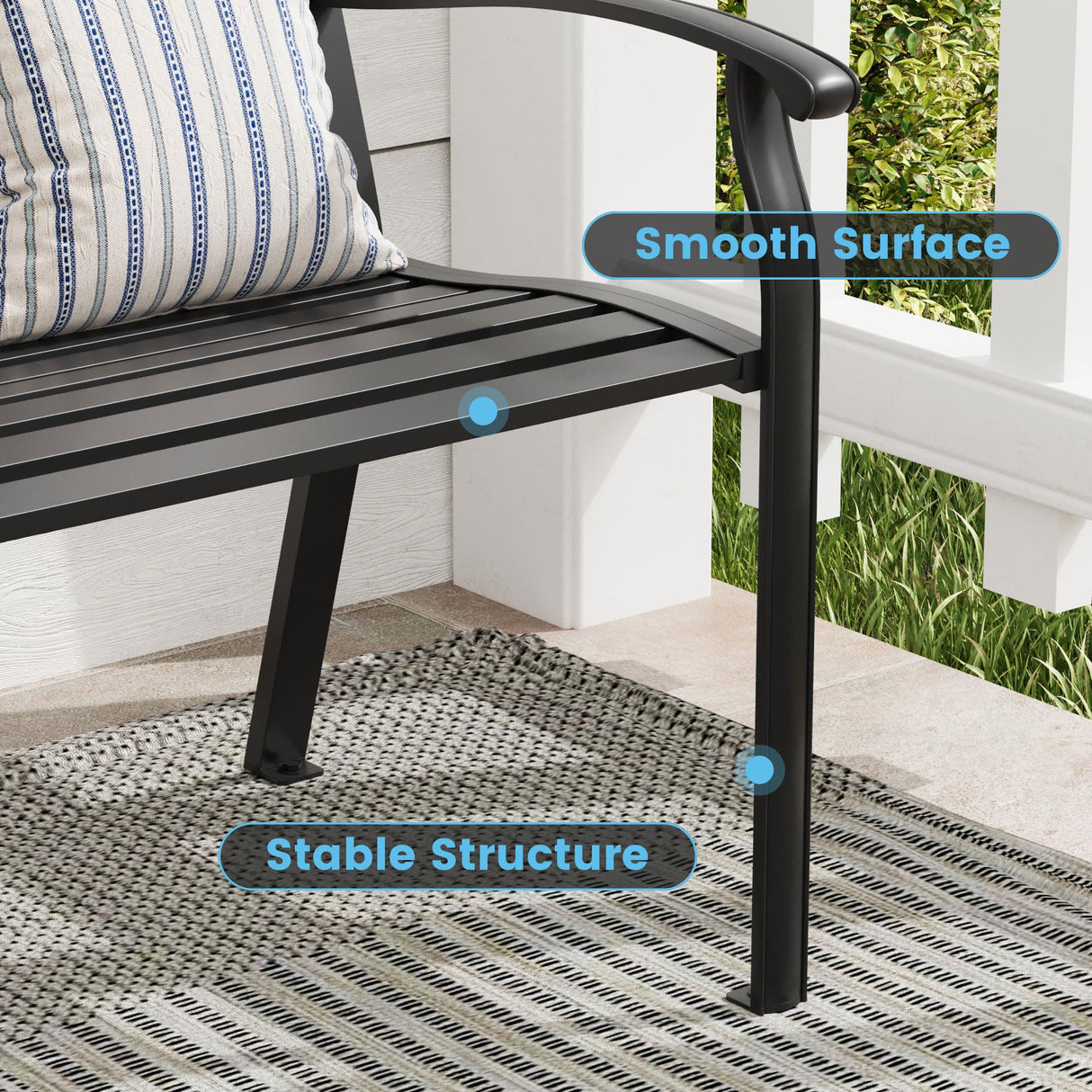 VOXBIN Outdoor Bench, 50 inches Metal Garden Bench, Cast Iron Steel Frame Patio Chairs w/Oval Pattern Backrest for Park, Yard, Porch, Lawn, Balcony, Backyard, Black VOXBIN