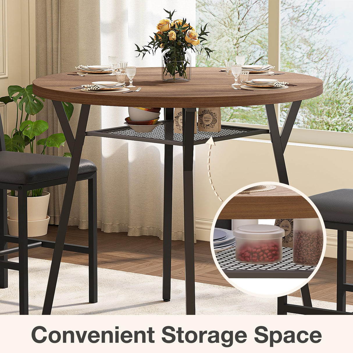 Pamapic Round Dining Table Set for 4, Kitchen Table and Chairs for 4, Dining Room Circle Dinner Pedestal Table, Solid Metal Frame,Space Saving Wood Kitchen & Dining Room Furniture,Walnut Pamapic