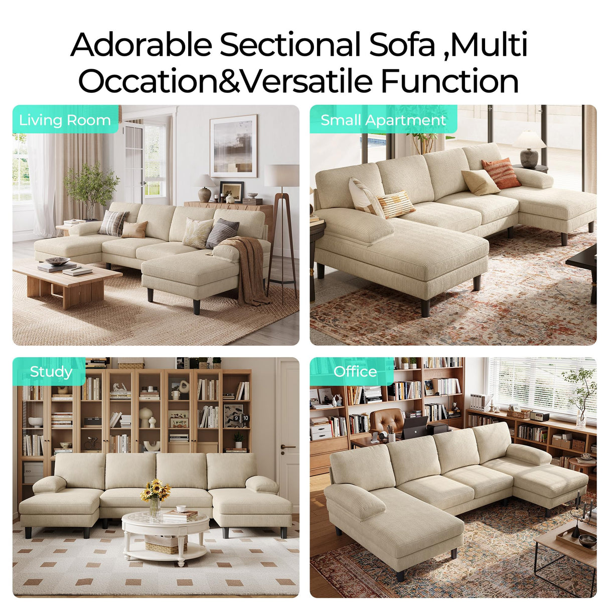 LINSY HOME Sectional Couch, 111'' W Corduroy U Shaped Sofa with Sleepable Armrests, 4 Seat Couch with Double Chaises, Deep Seat Sofa for Living Room, Beige LINSY HOME