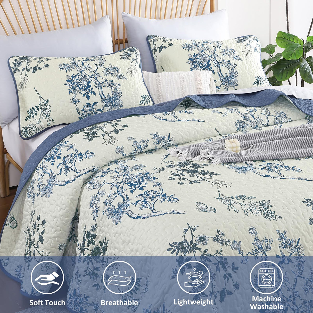 WONGS BEDDING Blue Floral Quilt Set King,Botanical Leaf & Butterfly Pattern Bedspread Coverlet Set,Soft Beautiful Farmhouse Plants Quilts Bedding Set for All Seasons(104"×90") WONGS BEDDING