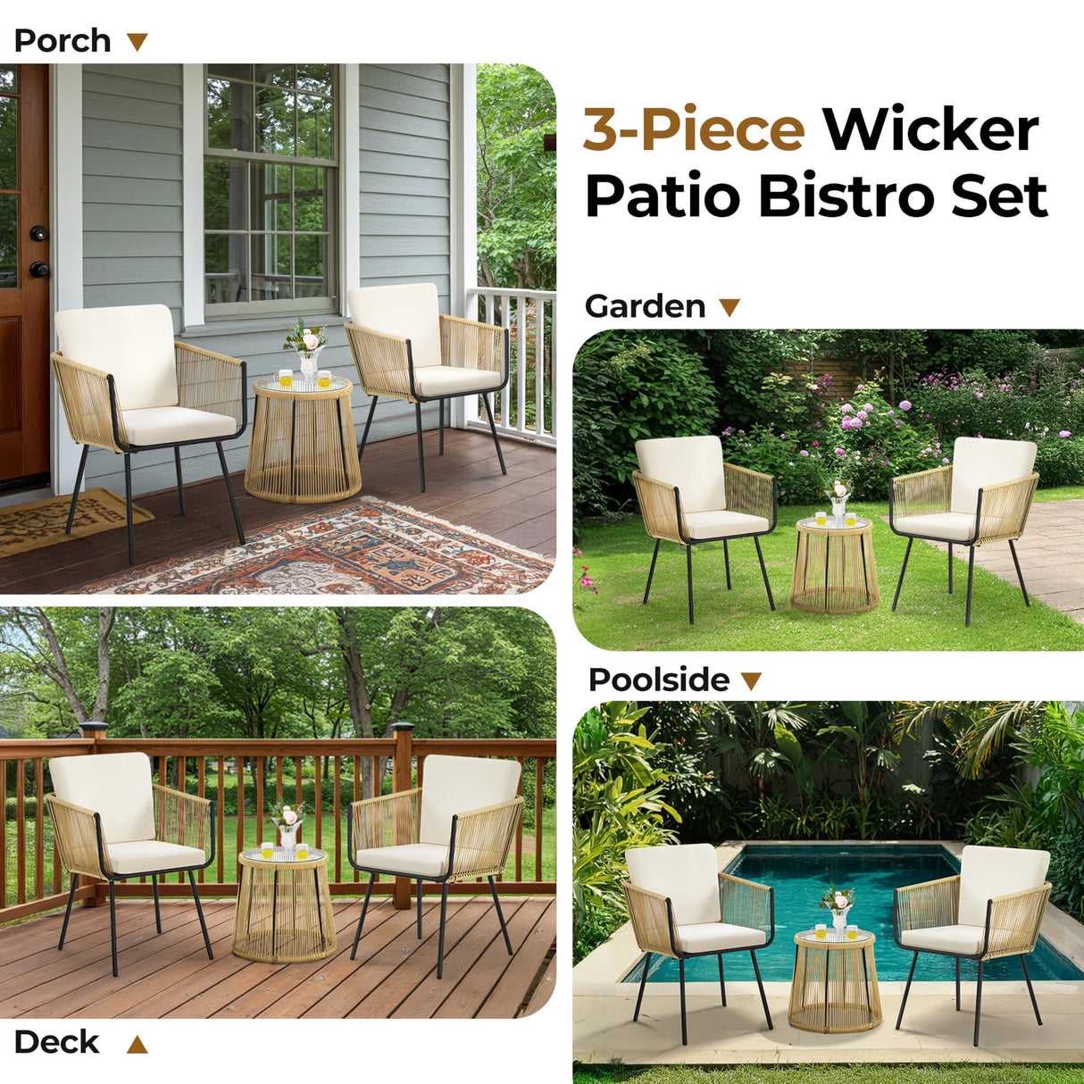 Yaheetech 3 Piece Patio Rattan Bistro Set, Outdoor All Weather PE Wicker Conversation Furniture Set with 2 Chairs & Tempered Glass Top Table & Cushions, for Poolside/Porch/Garden/Yard, Tan/Cream Yaheetech