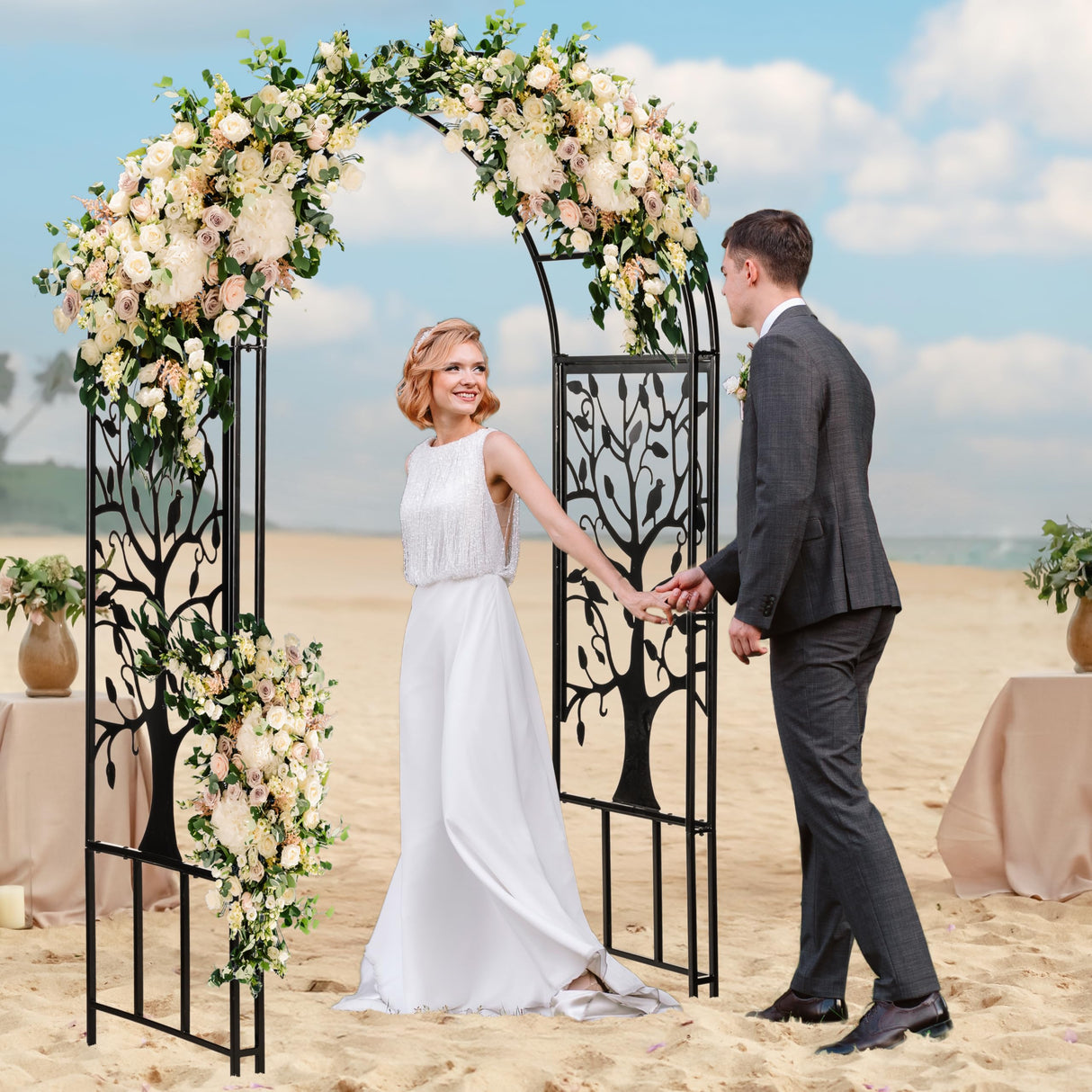 Evergreen Plow & Hearth Tree of Life Garden Arbor - 7 Feet Tall | Slim Metal Arch with Iron Trellis for Climbing Plants | Elegant Wedding Arbor | Outdoor Patio & Garden Decor Evergreen