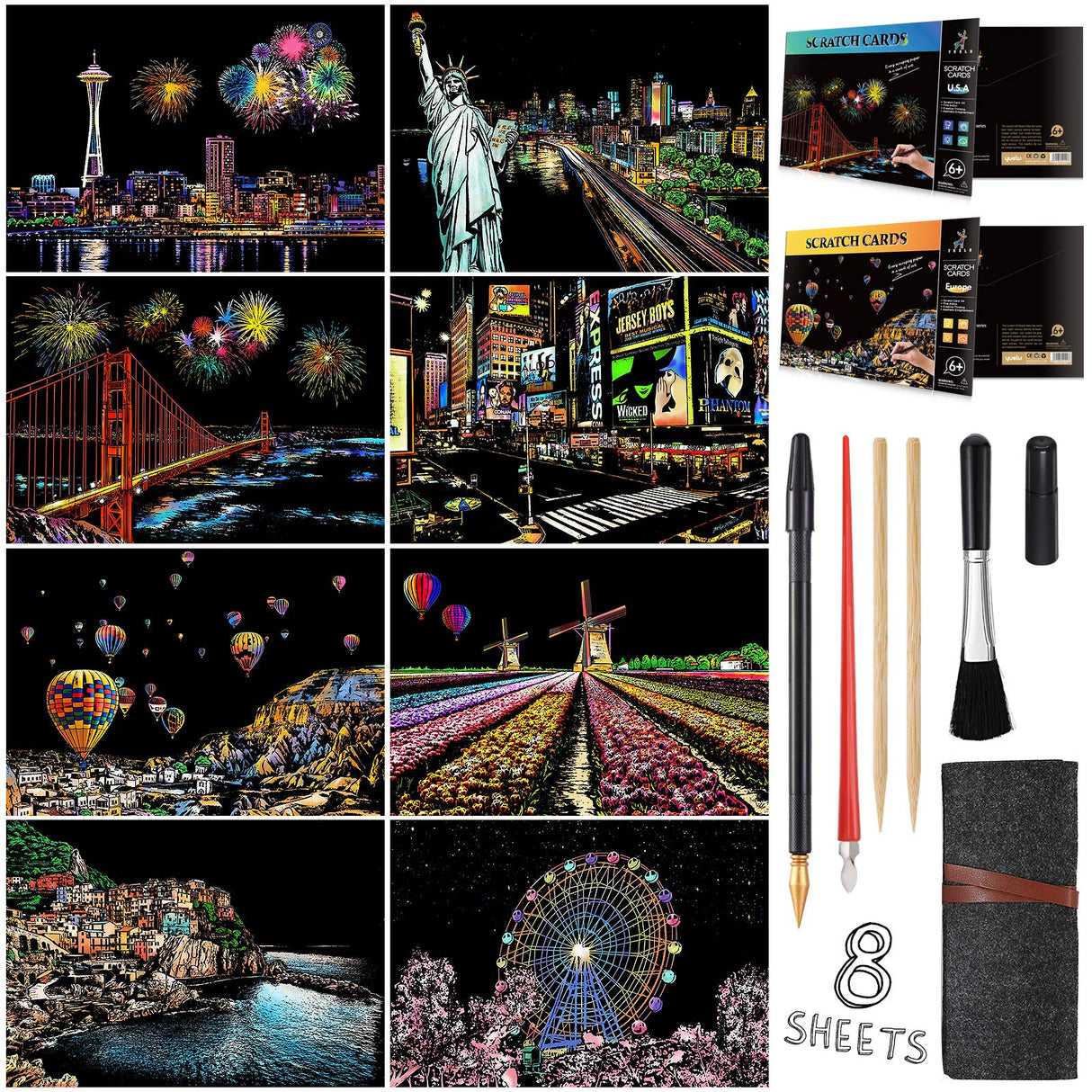 Scratch Painting Kits for Adults & Kids, Rainbow Painting Night View Scratchboard(A4), Crafts Set: 8 Sheets Scratch Cards with 6 tools in Bag - New York, Statue of Liberty, Seattle(America / Europe) MIASTAR