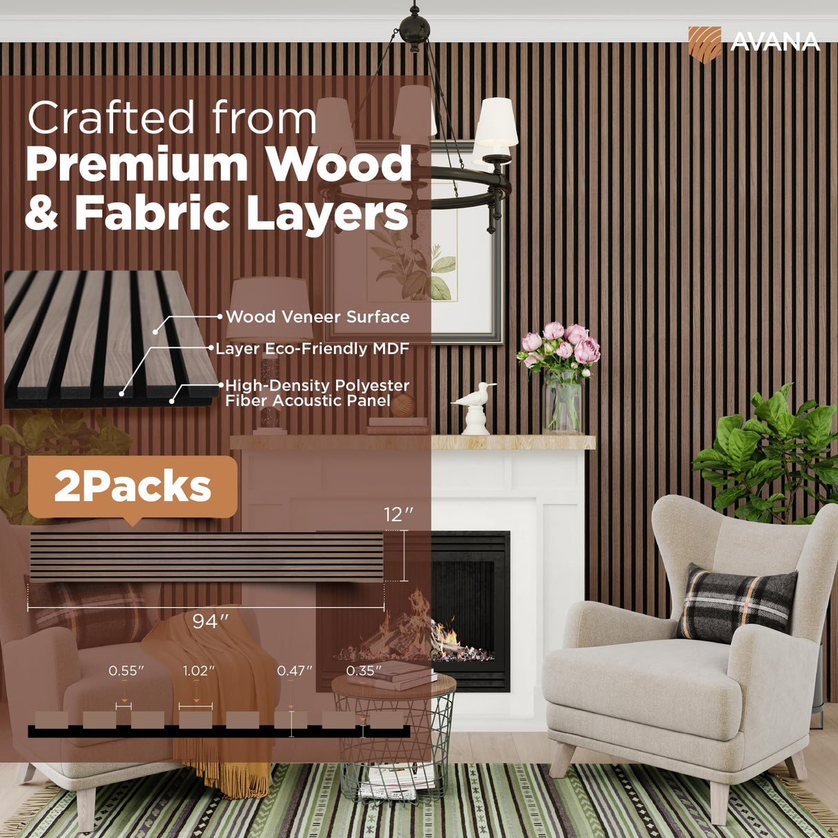 Avana Acoustic Wood Wall Panels – 94.4 X 12.6 Inch Walnut Acoustic Panels 2 PCs – Wall Panels For Interior Wall Decor For Homes, Offices, Studios – Sturdy And Durable Wood Panels For Wall Avana