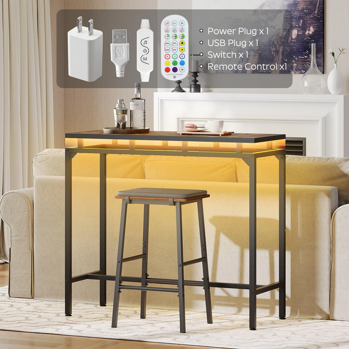 YATINEY Bar Table with LED Lights, Counter Height Table, Bar Height Table, Pub Table, Gaming Table, Metal Frame, for Living Room, Dining Room, Pub, Rustic Brown and Black BT01DBR YATINEY