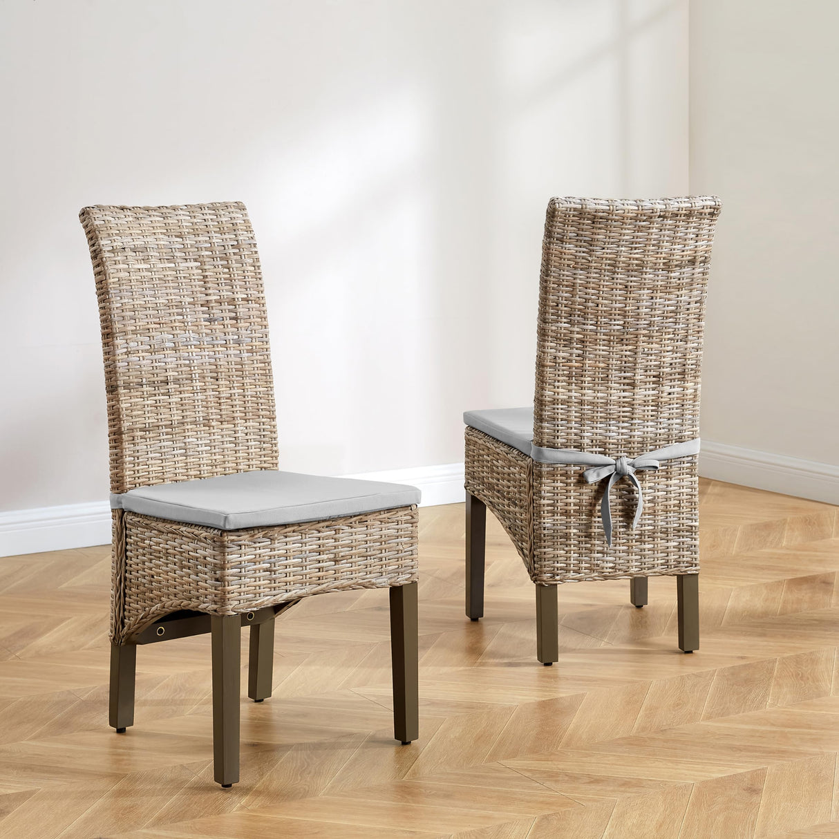 Crosley Furniture Edelyn Natural Rattan Dining Chairs Set of 2, Farmhouse Kitchen Accent Chair with Cushion, Kubu Rattan/Gray Crosley Furniture