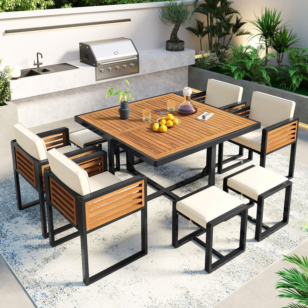 Merax 9 Pieces Outdoor Dining Set for 8 People, Acacia Wood Patio Furniture Sets with 1 Square Table, 4 Cushioned Chairs and 4 Ottomans for Backyard, Garden, Lawn, Poolside, Space Saving Design, Beige Merax