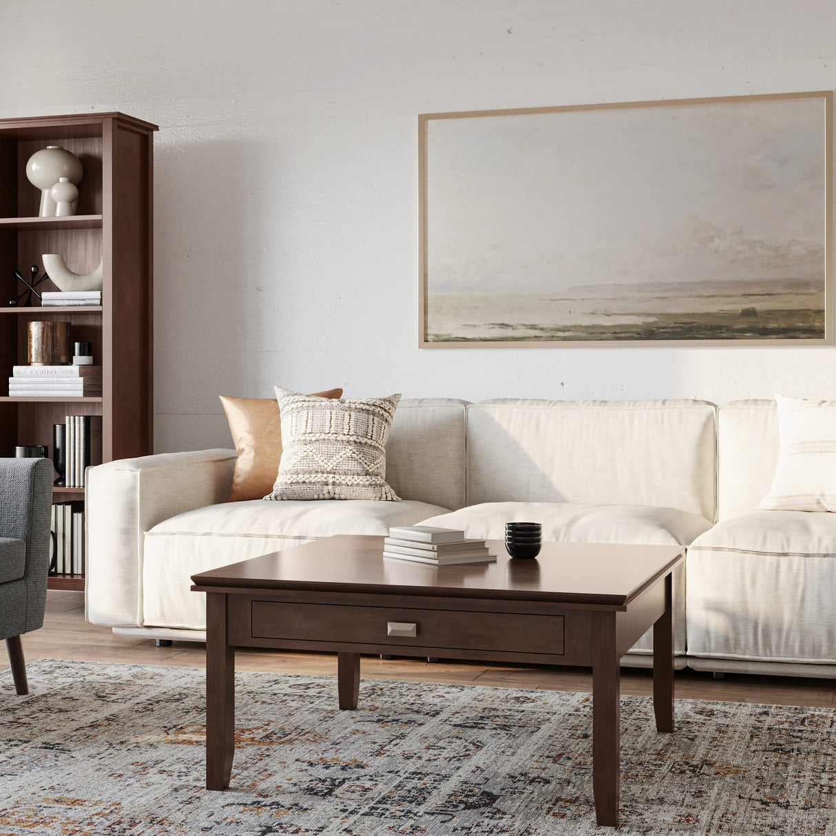 SIMPLIHOME Artisan Square Coffee Table - 36 inch Wide Solid Wood Transitional Cocktail Table in Russet Brown, Classic Living Room Table with Slatted Open Shelf and Contemporary Framed Top Design SIMPLIHOME