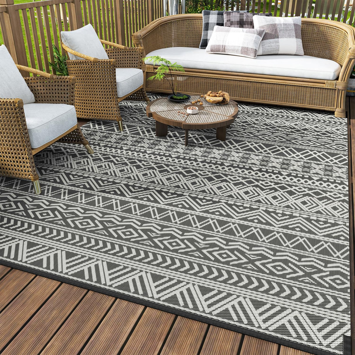 MontVoo Outdoor Rug Carpet Waterproof 5x8 Outdoor Patio Rug Mat Reverisble Plastic Straw Outdoor Rug for RV Camping Picnic Beach Balcony Boho Grey MontVoo