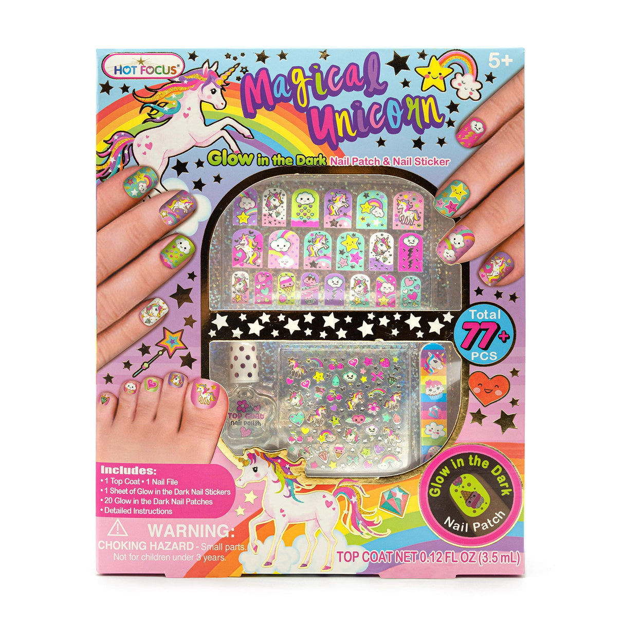 Hot Focus Unicorn Nail Kit – Kids Nail Polish Set for Girls Ages 5 6 7-12 with 77+ Pieces, Spa Kit, Nail Art Decoration Set, Glow-in-the-dark, Stickers, and Water-Based Polish - Girls' Nail Kit. Hot Focus