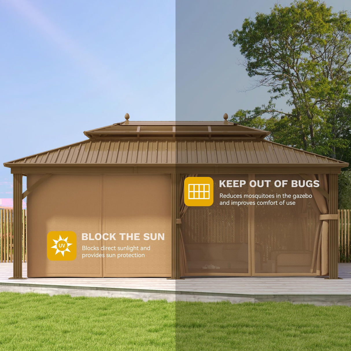 DWVO 12x20 ft Hardtop Gazebo Outdoor Heavy Duty Aluminum Gazebo with Nettings and Curtains, Combined of Horizontal and Vertical Stripes Roof for Patio, Backyard, Deck, Lawns and Balcony, Bronze DWVO