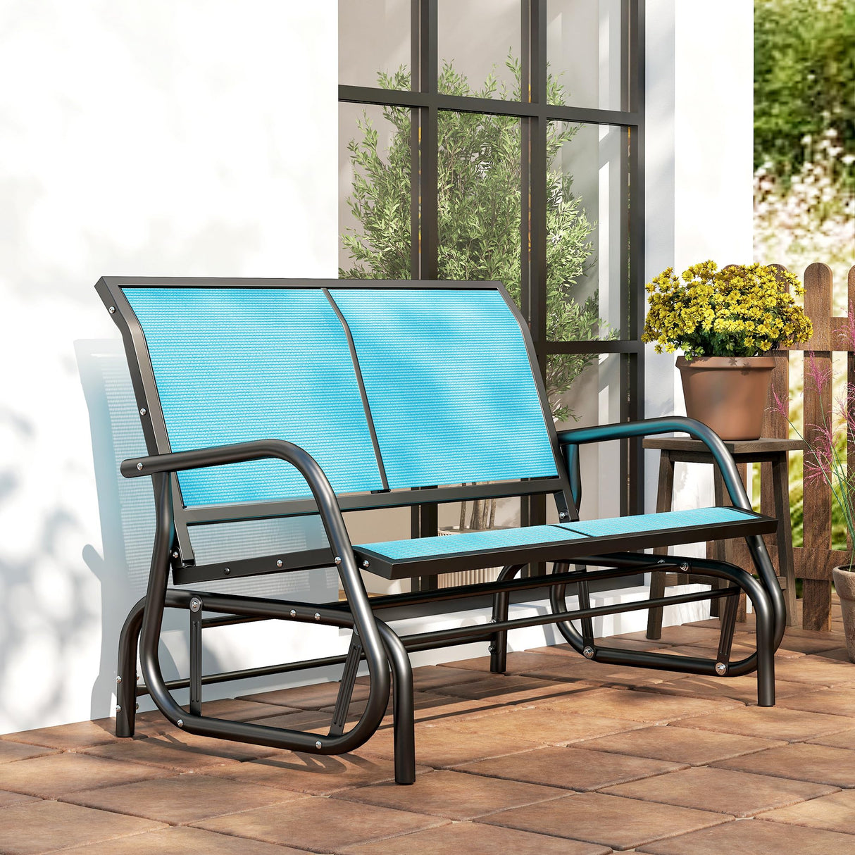 Outsunny 2-Person Outdoor Glider Bench, Patio Double Swing Rocking Chair Loveseat w/Powder Coated Steel Frame for Backyard Garden Porch, Blue Outsunny