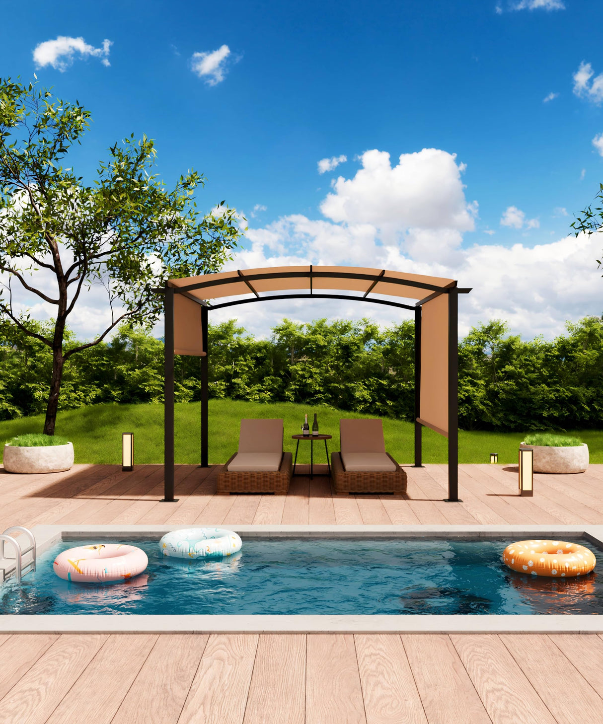 GarveeLife 10 x 10 Ft Outdoor Arched Pergola, Metal Pergola with Retractable Canopy, Arched Style Gazebos for Backyard, Lawn, Patios (Khaki) GarveeLife