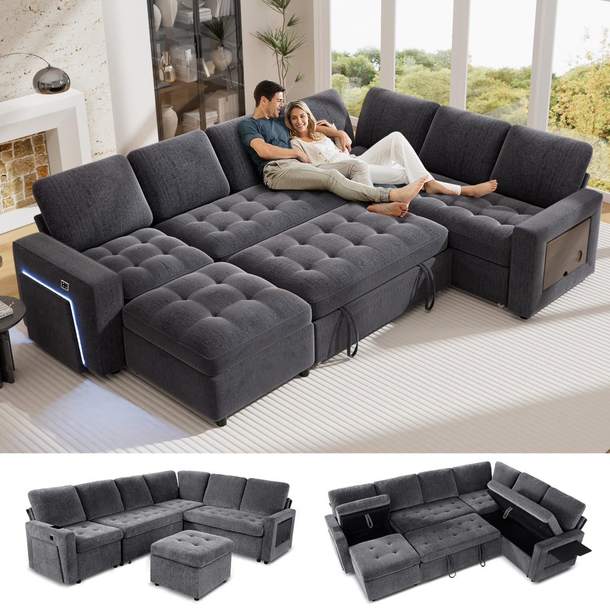 Vipbear 7 Seat L Shaped Modular Sectional Sleeper Sofa Bed with Ottoman/Pull Out Bed/Reclining Backrest/USB Ports/Table/LED Light/Storage Seat, Tool-Free Assembly, Chenille Dark Grey Vipbear