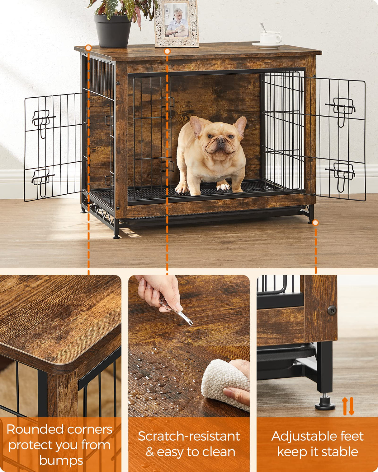 Feandrea Dog Crate Furniture, 32.5" Side End Table, Modern Kennel for Dogs Indoor up to 45 lb, Heavy-Duty Dog Cage with Multi-Purpose Removable Tray, Double-Door Dog House, Rustic Brown UPFC002X01 Feandrea