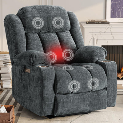 ABCASA Large Power Lift Chairs Recliners for Elderly with Heat & Massage, Upgraded Chenille Recliners, USB-A & C, Cup Holder, Side Pocket, Grey Blue