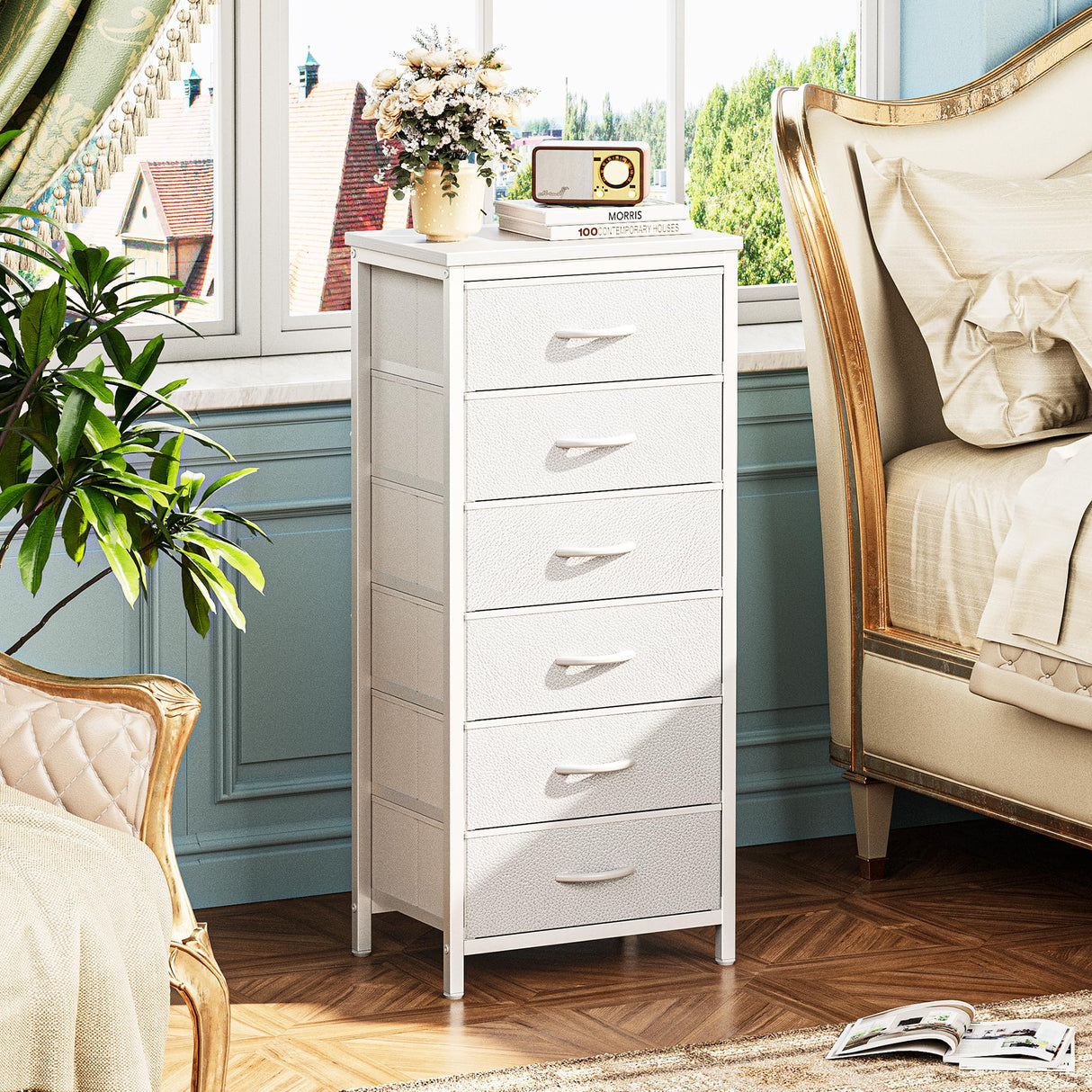 Huuger Tall Dresser for Bedroom, 6 Drawer Dresser & Chests of Drawers, Fabric Dresser for Closet, Bedroom, Night Stand, End Table with Metal Frame, Storage Tower with Fabric Bins, PU Leather, White Huuger