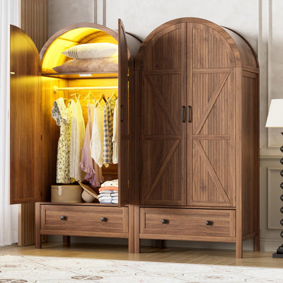PAKASEPT Armoire Wardrobe Closet with Drawers and 2 Arched Fluted Doors, 70.9‘’ Tall Wooden Bedroom Armoires with LED Light & Shelves and Hanging Rod(Brown)