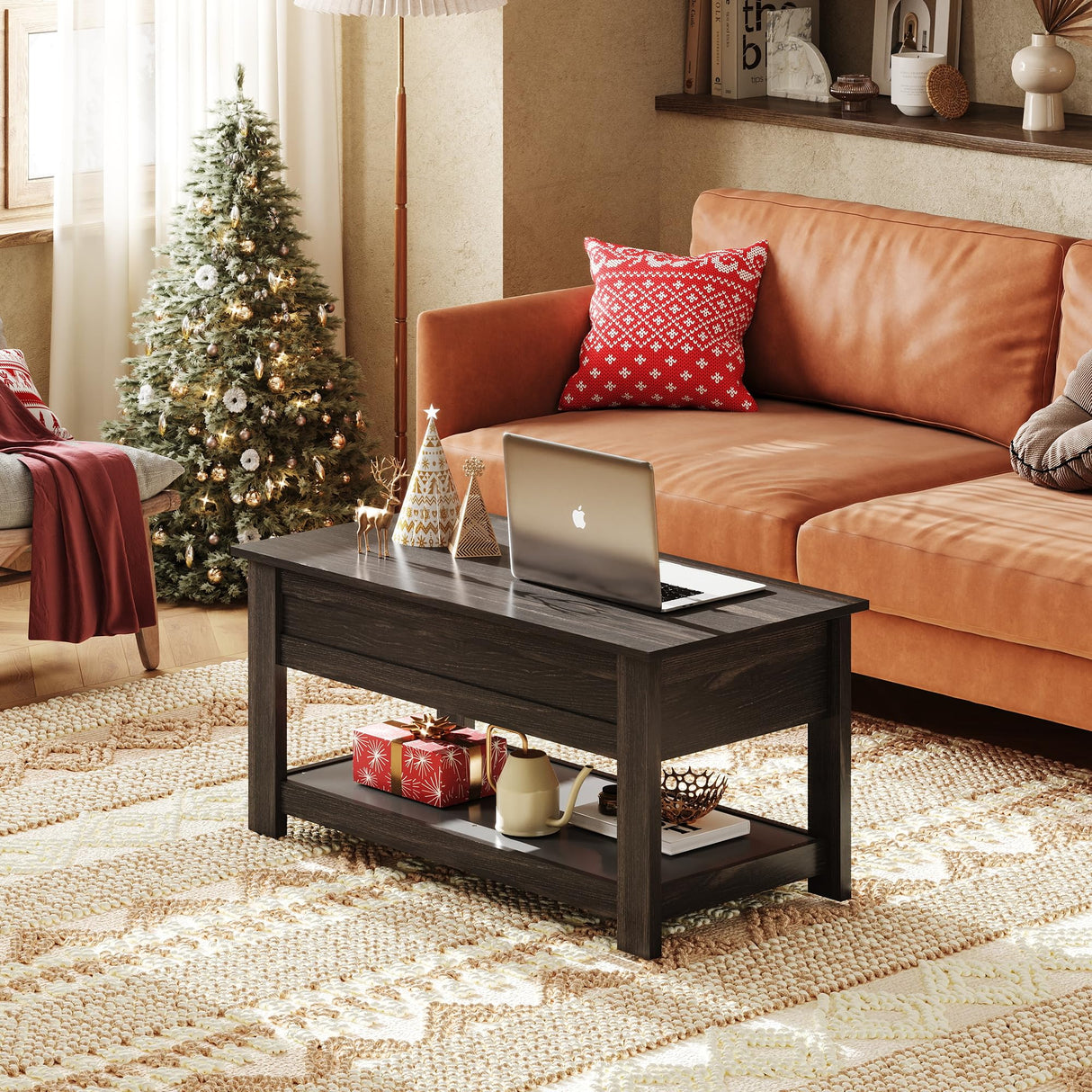 WLIVE Modern Lift Top Coffee Table,Rustic Coffee Table with Storage Shelf and Hidden Compartment,Wood Lift Tabletop for Home Living Room,Black. WLIVE