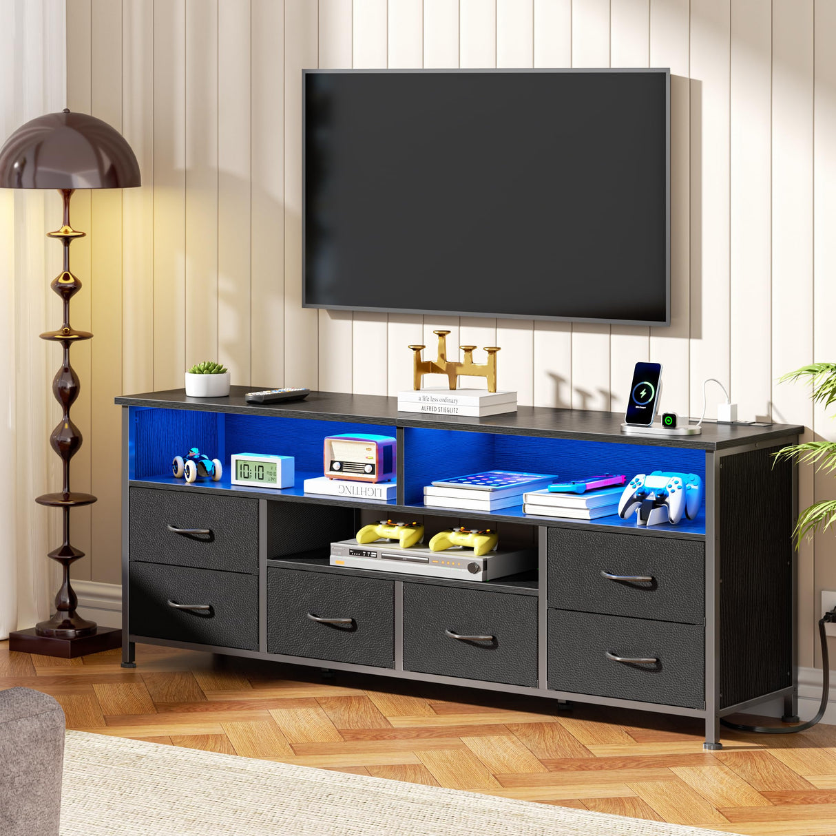 Furologee 55" LED TV Stand for Bedroom with Power Outlets, Entertainment Center with 6 Fabric Drawers for 50/55/60 inch TVs, Dresser TV Stand Long Console Media Table for Living Room, PU Black Furologee