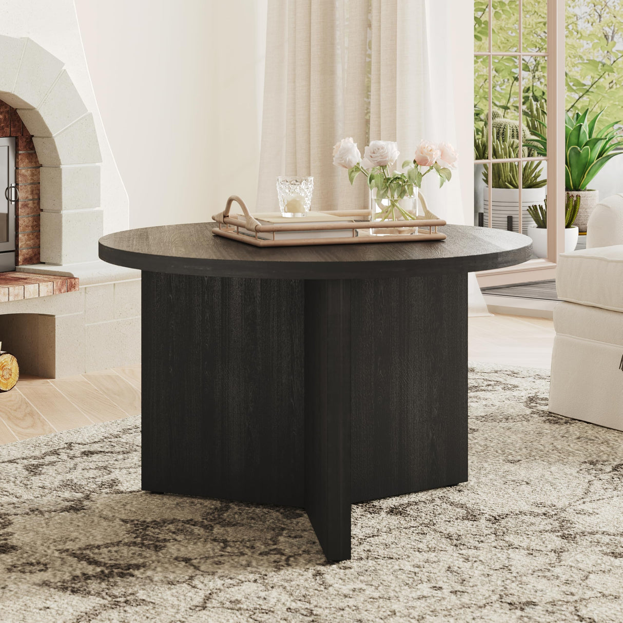 Luoxiao Coffee Table for Small Space, Minimalist Modern Table for Living Room, Durable & Sturdy Small Round End Table with Adjustable Feet Pads, Black Luoxiao