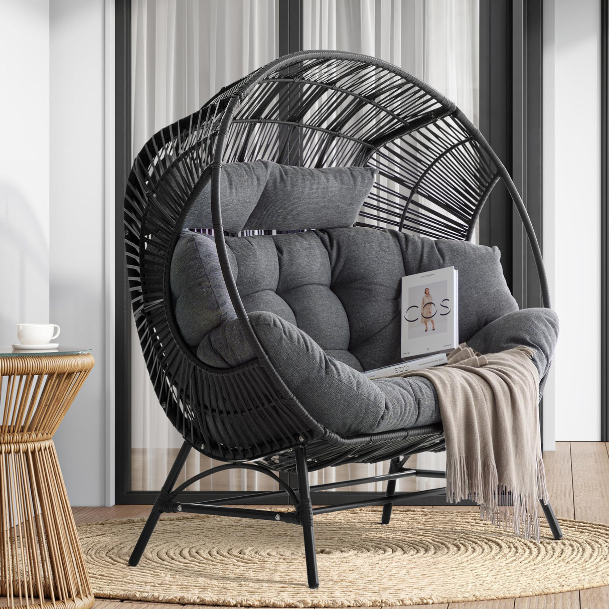 IRONCK 2 Person Egg Chair Outdoor Indoor, Oversized Double Wicker Lounge Chair, Thickened Padded Cushions and Headrests, 680Lbs Egg Loveseat for Patio, Balcony, Living Room, Porch, Gray IRONCK