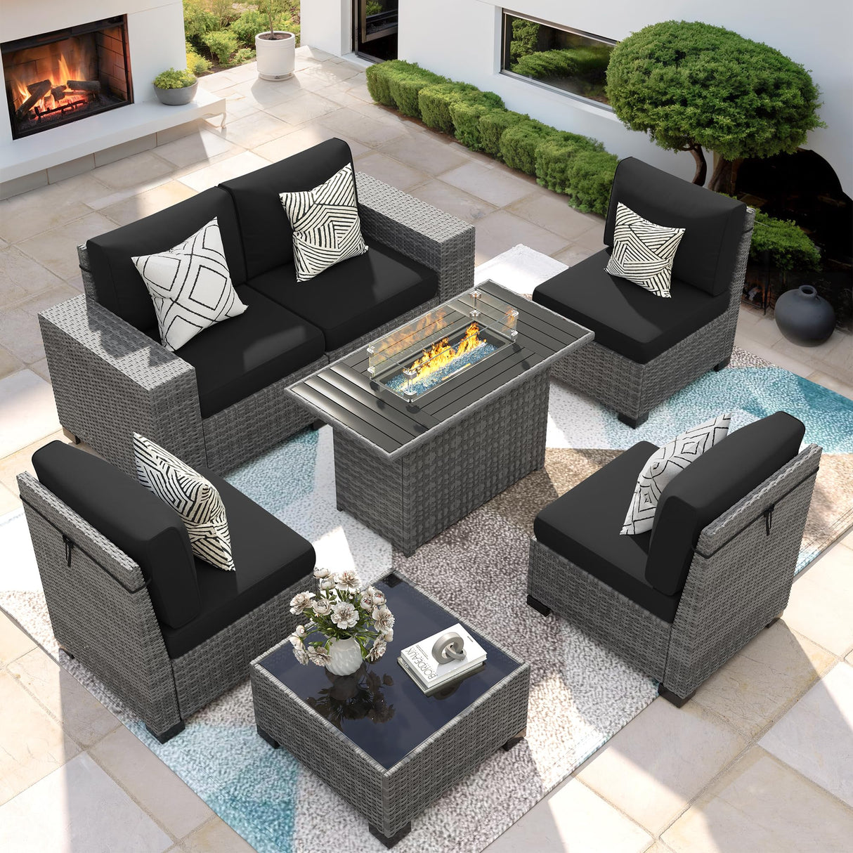 VONZOY 7 Piece Patio Furniture Set with Fire Pit Table, Outdoor Sectional Conversation Sets Wicker Rattan Sectional Sofa with Coffee Table for Patio Garden Backyard, 4'' Thickened Cushion Black VONZOY