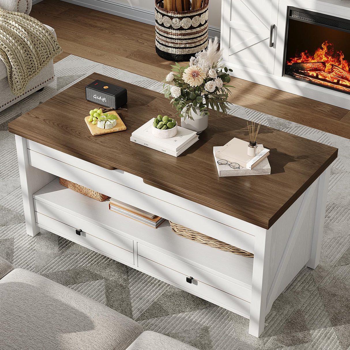 ONBRILL Farmhouse Lift Top Coffee Table with 2 Storage Drawers, Rustic Center Table with Large Hidden Storage Compartment,Storage Coffee Table Converts to Dining Table for Living Room, Brown and White ONBRILL