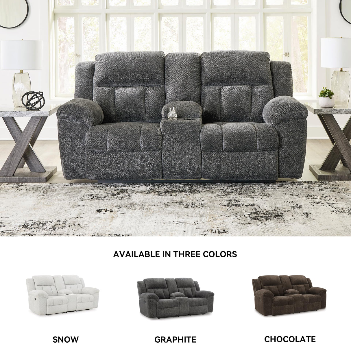 Signature Design by Ashley Frohn Contemporary Manual Reclining Loveseat with Console with Console, Storage and Cup Holders, Gray Signature Design by Ashley