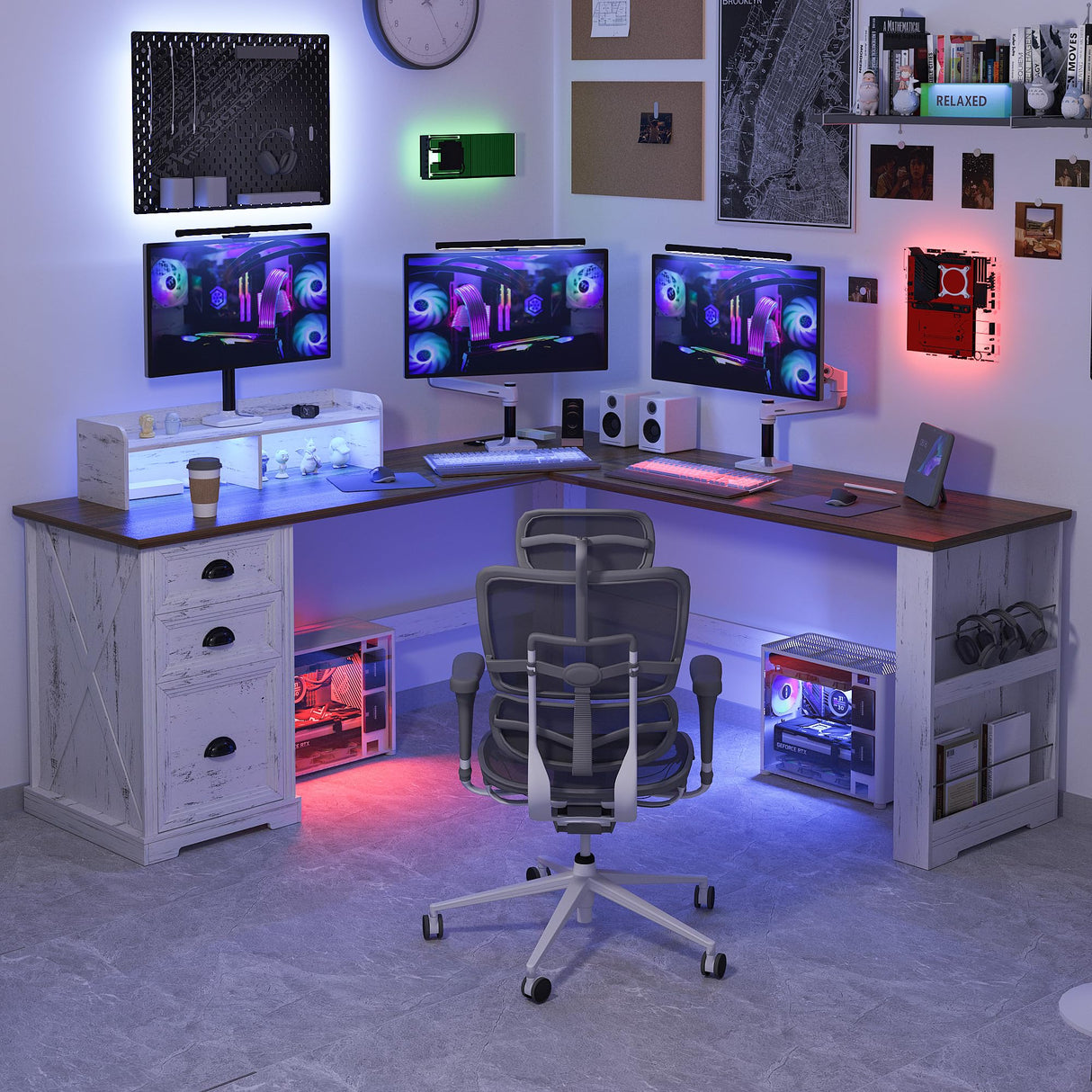 Lareth L Shaped Desk with Monitor Stand Farmhouse Computer Desk with Led Light and Power Outlet, Executive Desk for Home Office Room Workstation with File Cabinet for Working Gaming, Antique White Lareth