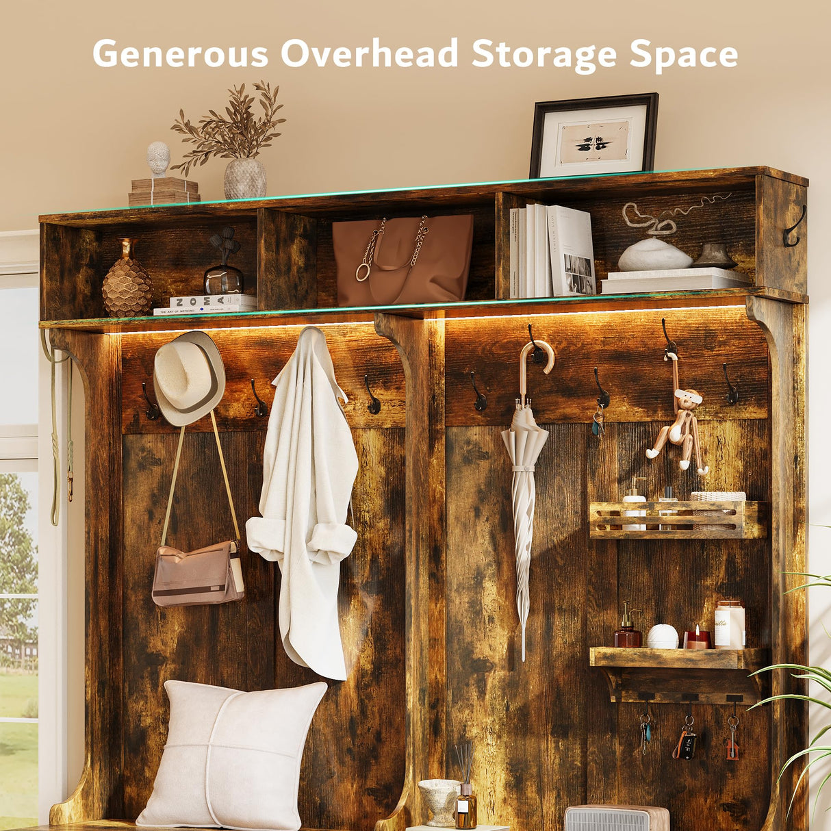 iPormis 70“ Large Hall Tree with Bench and Adjustable Storage Shelves, 6-in-1 Farmhouse Entryway Bench w/Coat Rack, Top Storage, Small Shelves for Entryway, Living Room, Led Lights, Rustic Brown iPormis