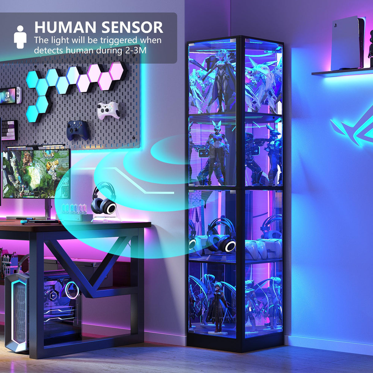 WEQUB Corner Display Cabinet with Glass Doors, 4 Tier Corner Shelf with LED Lights, 68" Display Case for Collectibles, Toys, Books, Curio Storage Cabinet, Black WEQUB