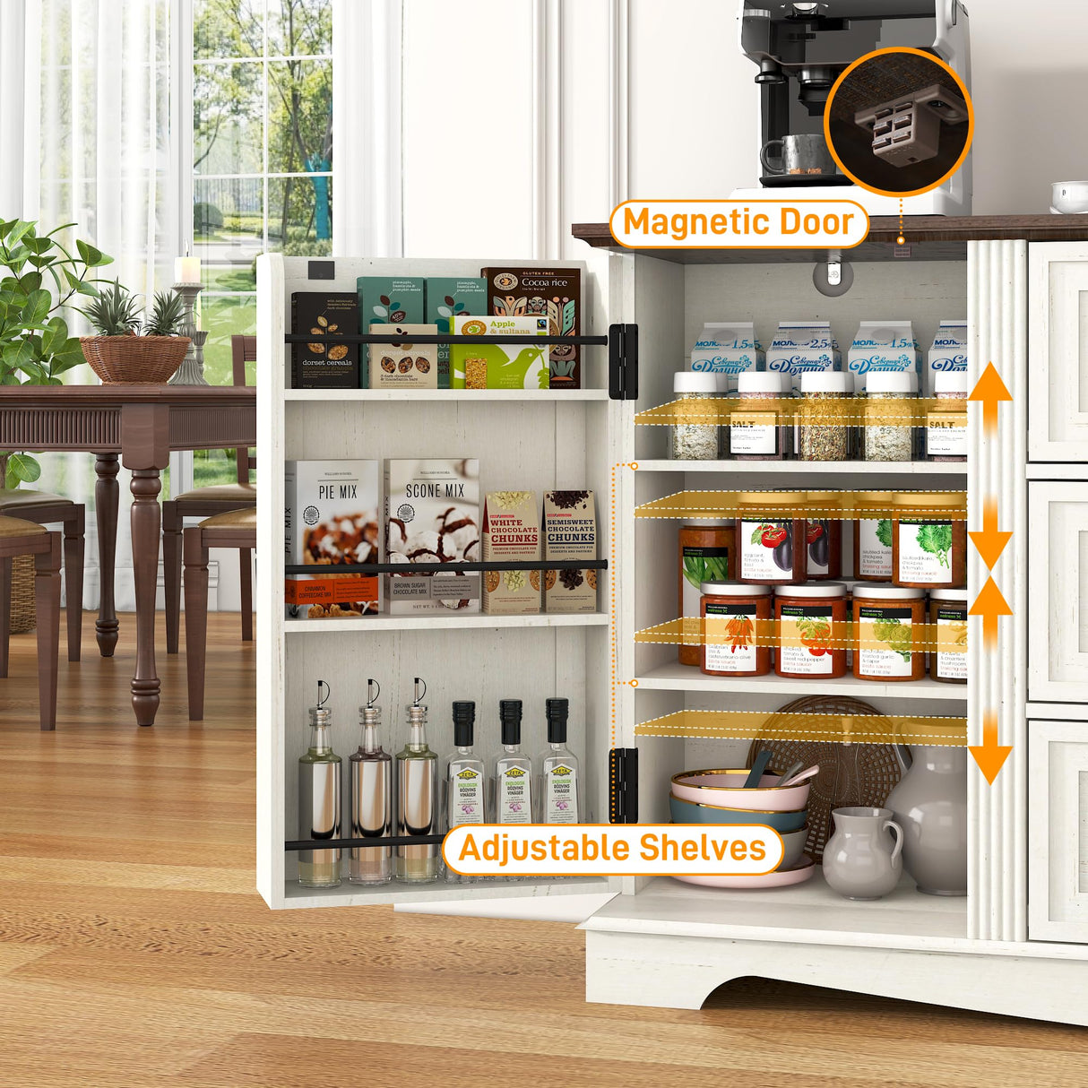 65" Sideboard Buffet Cabinet with Storage, Farmhouse Kitchen Pantries Sideboard Cabinets with Drawer, Wood Coffee Bar Cabinet with Adjustable Shelves, Storage Cabinets for Kitchen, Antique White chartustriable