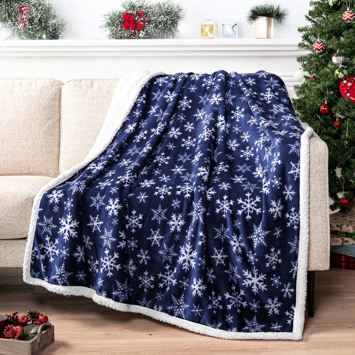 PAVILIA Premium Christmas Sherpa Throw Blanket | Blue Snowflake Decoration, Fleece, Plush, Warm, Cozy Reversible Microfiber Holiday Blanket 50 x 60 Inches PAVILIA