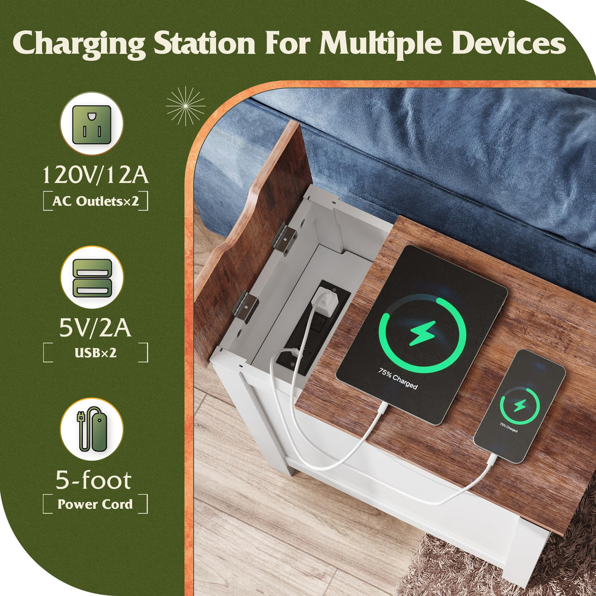 WLIVE White Farmhouse End Table for Living Room, Narrow Side Table with Charging Station, Night Stand with Storage, Small Wooden Cabinet with USB Ports and Outlets for Bedroom, White WLIVE