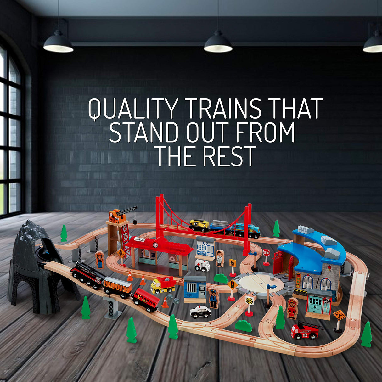 Maxim 100 pc Mountain Wooden Train Set with Roundhouse for Toddler with Double-Side Train Tracks Fits Brio, Thomas, Melissa and Doug, Kids Wood Toy maxim enterprise, inc.