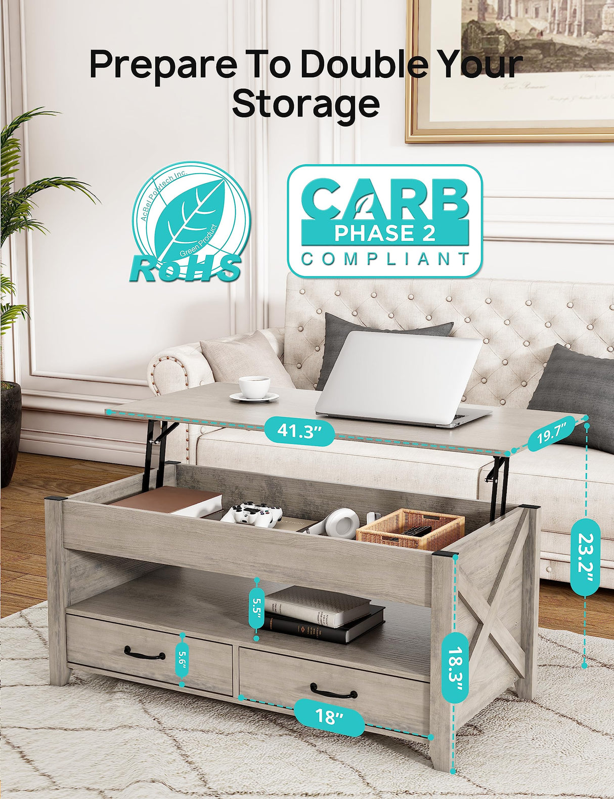 Evajoy Lift Top Coffee Table, Modern Coffee Table with 2 Storage Drawers and Hidden Compartment, X-Shape Wood Support, Center Table with Lift Tabletop for Living Room, Office,Grey,16.9''x41.3''x18.1'' Evajoy