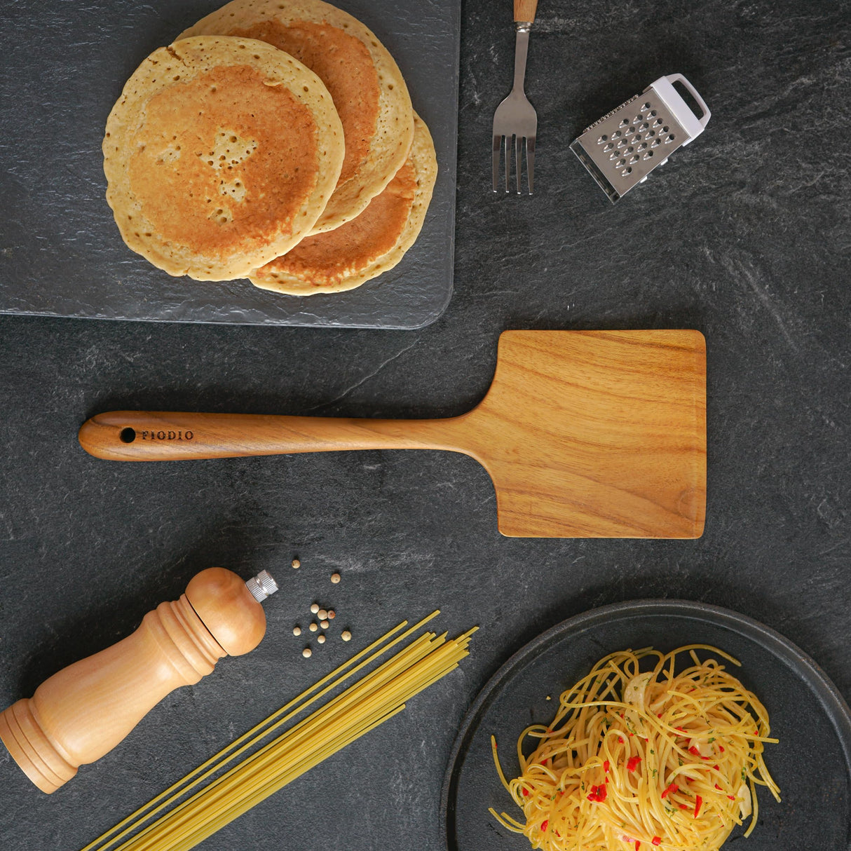 Fiodio Home Teak Wide Wooden Spatula with Microfiber Cloth - Natural Non-Stick Healthy Kitchen Utensils - Handcrafted with Comfort Grip FIODIO HOME