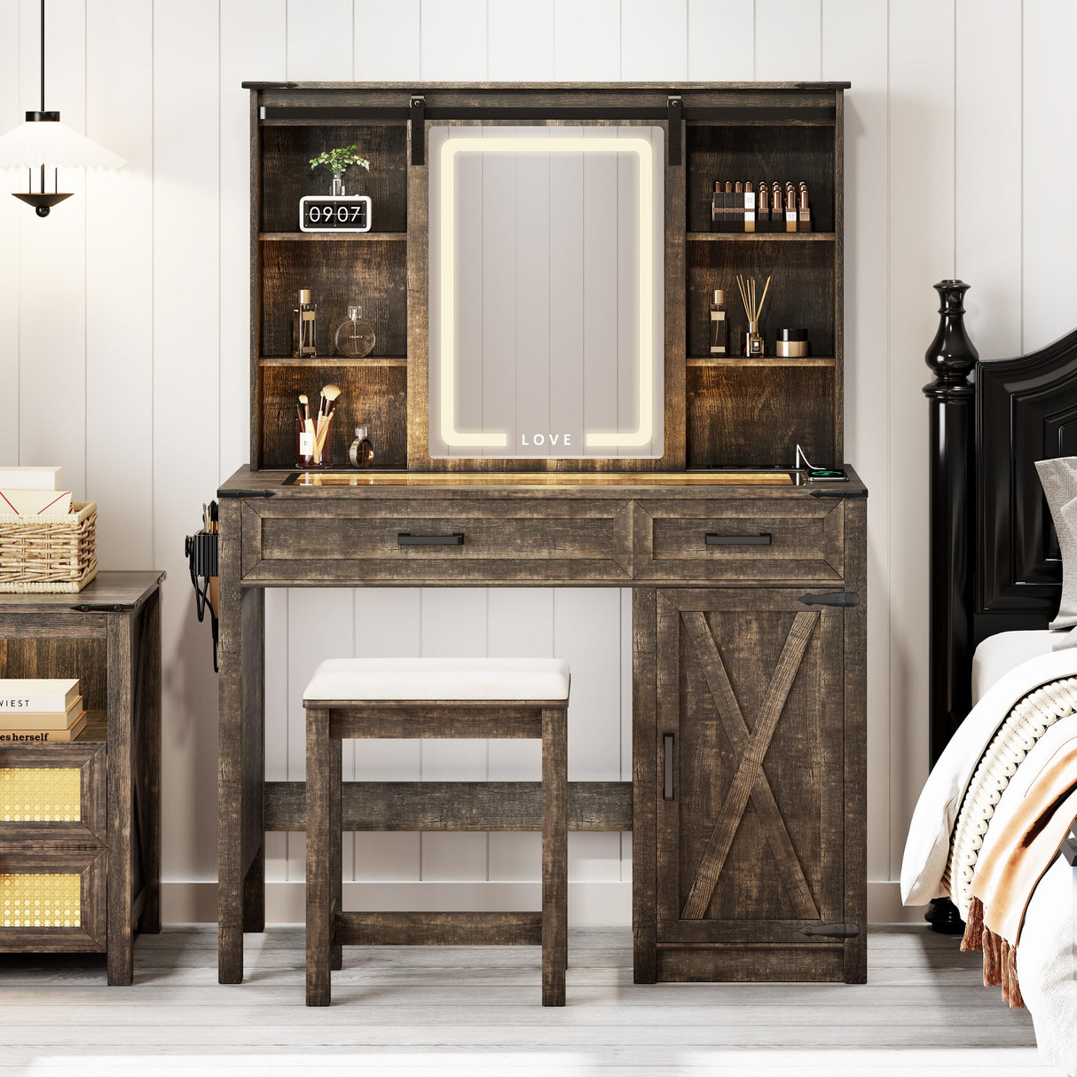 FREDEES Farmhouse Makeup Vanity with Charging Station,Vanity Set with Stool&Sliding Mirror&3Brightness Lights,Large Storage Glass Top Dressing Table with Drawers and Shelves for Women/Girls,Dark Oak FREDEES