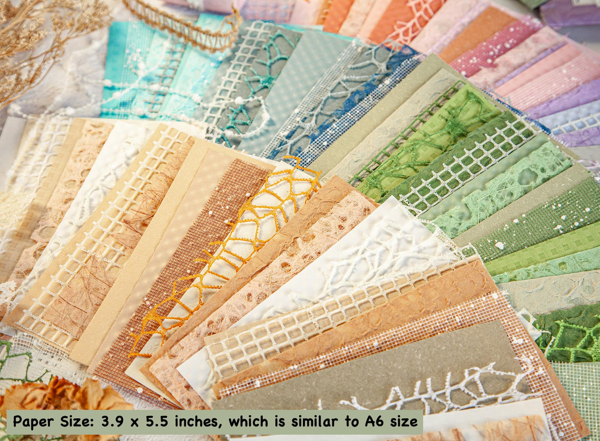 96 Sheets Textured Scrapbook Paper and Mesh Fabric Assorted Set - 6 Pack Mixed Special Paper for Scrapbooking Planner Bullet Junk Journal Supplies Mixed Media Collage Card Embellishments 3.9x5.5 Inch ARTSMONA